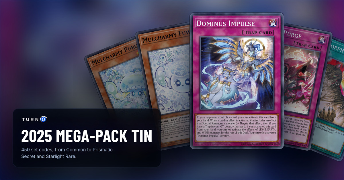 Five of the most valuable 2025 Mega-Pack Tin cards fanned out: Mulcharmy Purulia, Mulcharmy Fuwalos, Dominus Impulse in front, Dominus Purge and Metamorphosis.