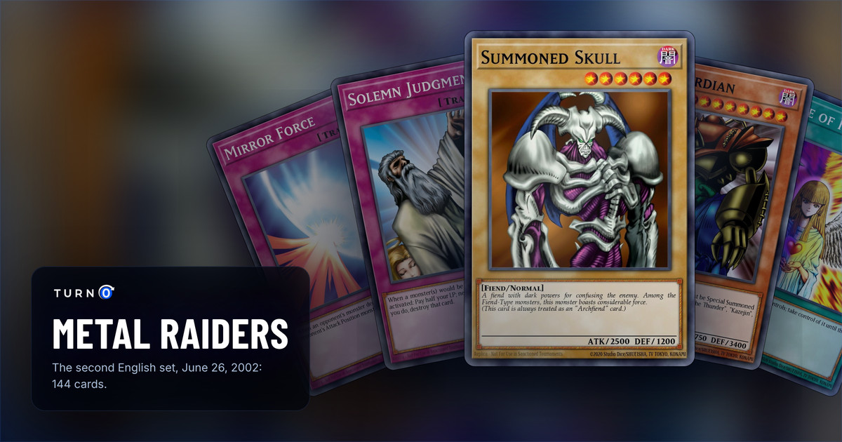 Five of the most valuable Metal Raiders cards fanned out: Mirror Force, Solemn Judgment, Summoned Skull in front, Gate Guardian and Change of Heart.