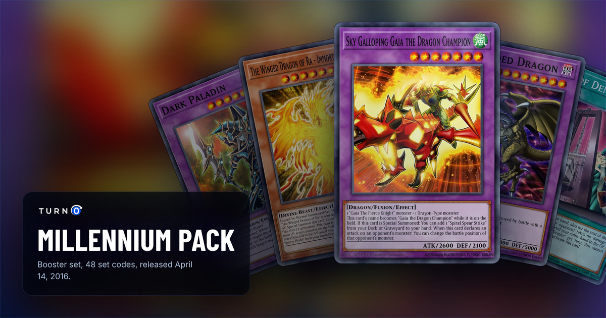 Five of the most valuable Millennium Pack cards fanned out: Dark Paladin, The Winged Dragon of Ra - Immortal Phoenix, Sky Galloping Gaia the Dragon Champion in front, Five-Headed Dragon and Card of Demise.