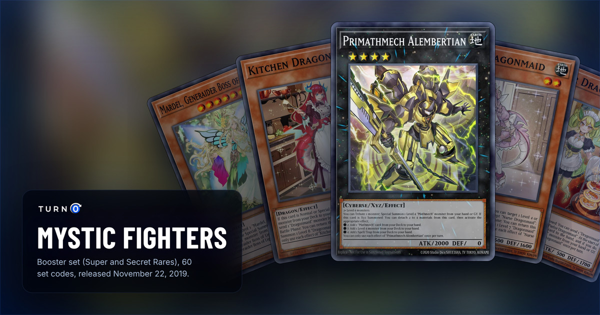 Five of the most valuable Mystic Fighters cards fanned out: Mardel, Generaider Boss of Light, Kitchen Dragonmaid, Primathmech Alembertian in front, Nurse Dragonmaid and Parlor Dragonmaid.