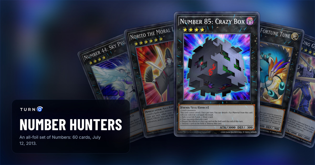 Five of the most valuable Number Hunters cards fanned out: Number 44: Sky Pegasus, Norito the Moral Leader, Number 85: Crazy Box in front, Number 49: Fortune Tune and Coach King Giantrainer.