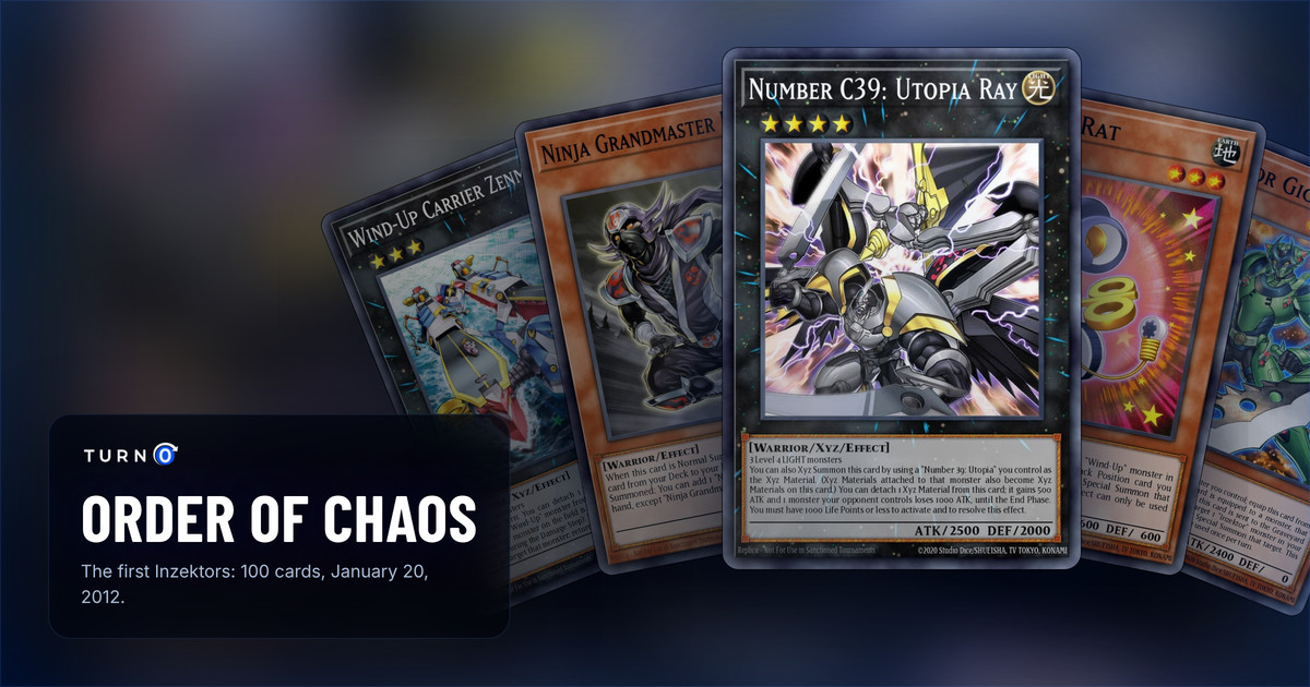 Five of the most valuable Order of Chaos cards fanned out: Wind-Up Carrier Zenmaity, Ninja Grandmaster Hanzo, Number C39: Utopia Ray in front, Wind-Up Rat and Inzektor Giga-Mantis.