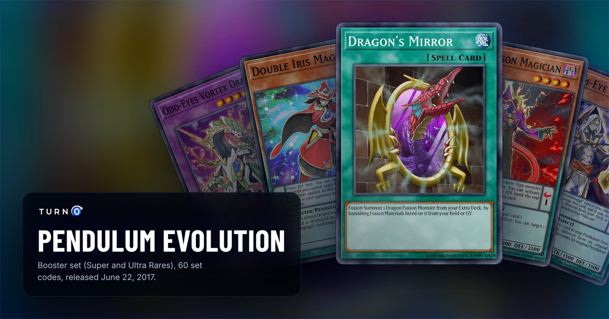 Five of the most valuable Pendulum Evolution cards fanned out: Odd-Eyes Vortex Dragon, Double Iris Magician, Dragon's Mirror in front, Purple Poison Magician and Wisdom-Eye Magician.