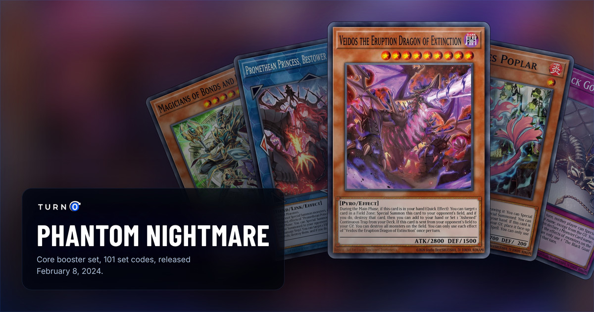 Five of the most valuable Phantom Nightmare cards fanned out: Magicians of Bonds and Unity, Promethean Princess, Bestower of Flames, Veidos the Eruption Dragon of Extinction in front, Snake-Eyes Poplar and The Black Goat Laughs.