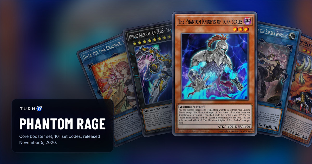Five of the most valuable Phantom Rage cards fanned out: Hiita the Fire Charmer, Ablaze, Divine Arsenal AA-ZEUS - Sky Thunder, The Phantom Knights of Torn Scales in front, Tri-Brigade Ferrijit the Barren Blossom and Alpha, the Master of Beasts.