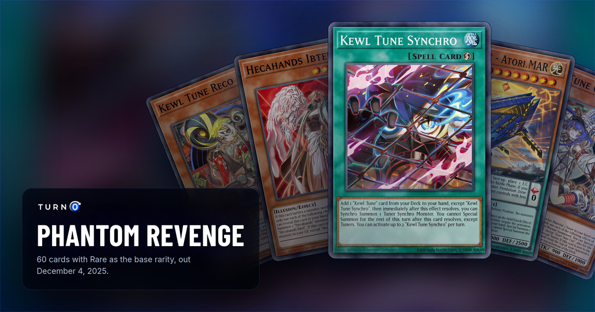 Five of the most valuable Phantom Revenge cards fanned out: Kewl Tune Reco, Hecahands Ibtel, Kewl Tune Synchro in front, Enneacraft - Atori.MAR and Kewl Tune Cue.