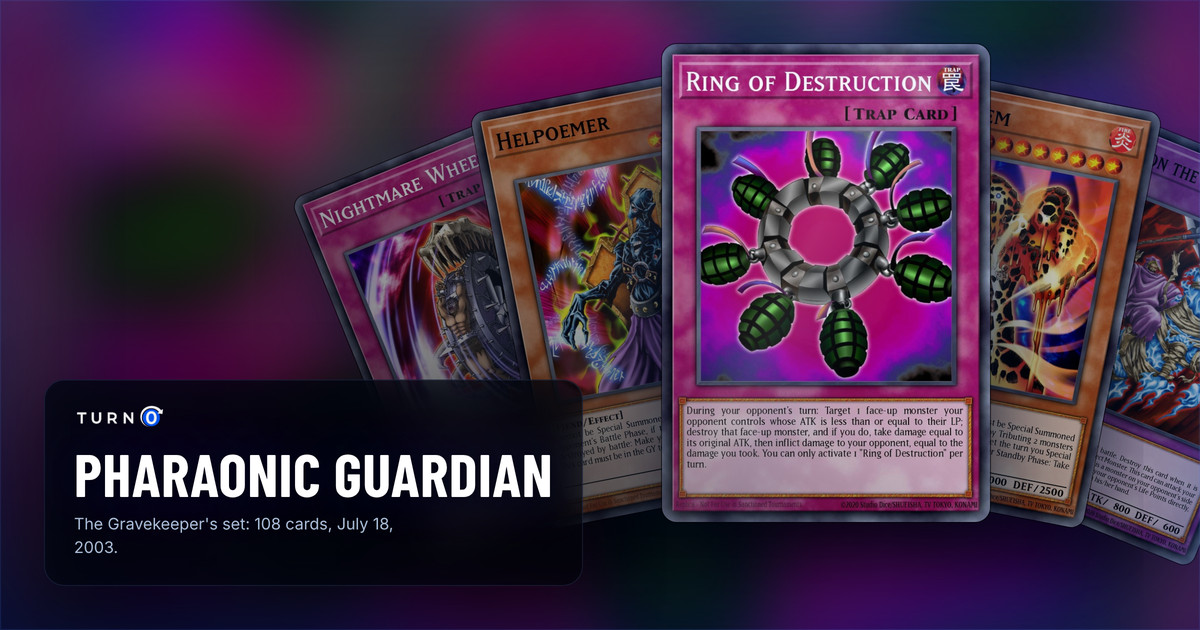 Five of the most valuable Pharaonic Guardian cards fanned out: Nightmare Wheel, Helpoemer, Ring of Destruction in front, Lava Golem and Reaper on the Nightmare.