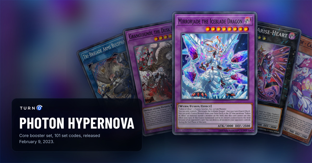 Five of the most valuable Photon Hypernova cards fanned out: Tri-Brigade Arms Bucephalus II, Granguignol the Dusk Dragon, Mirrorjade the Iceblade Dragon in front, Kashtira Arise-Heart and Gold Pride - Captain Carrie.