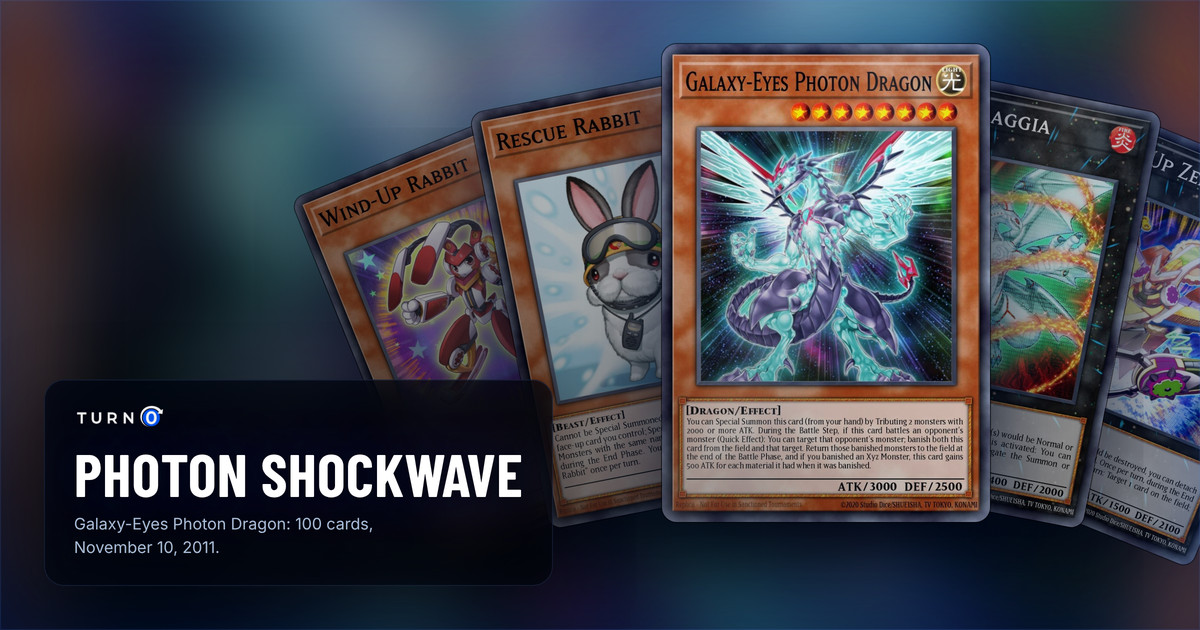 Five of the most valuable Photon Shockwave cards fanned out: Wind-Up Rabbit, Rescue Rabbit, Galaxy-Eyes Photon Dragon in front, Evolzar Laggia and Wind-Up Zenmaines.