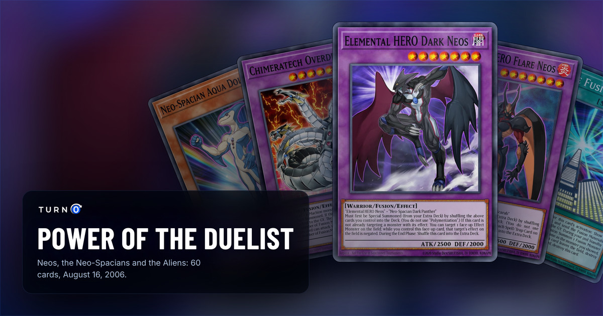 Five of the most valuable Power of the Duelist cards fanned out: Neo-Spacian Aqua Dolphin, Chimeratech Overdragon, Elemental HERO Dark Neos in front, Elemental HERO Flare Neos and Future Fusion.