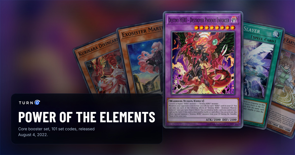 Five of the most valuable Power of the Elements cards fanned out: Kurikara Divincarnate, Exosister Martha, Destiny HERO - Destroyer Phoenix Enforcer in front, Ultimate Slayer and Aussa the Earth Channeler.