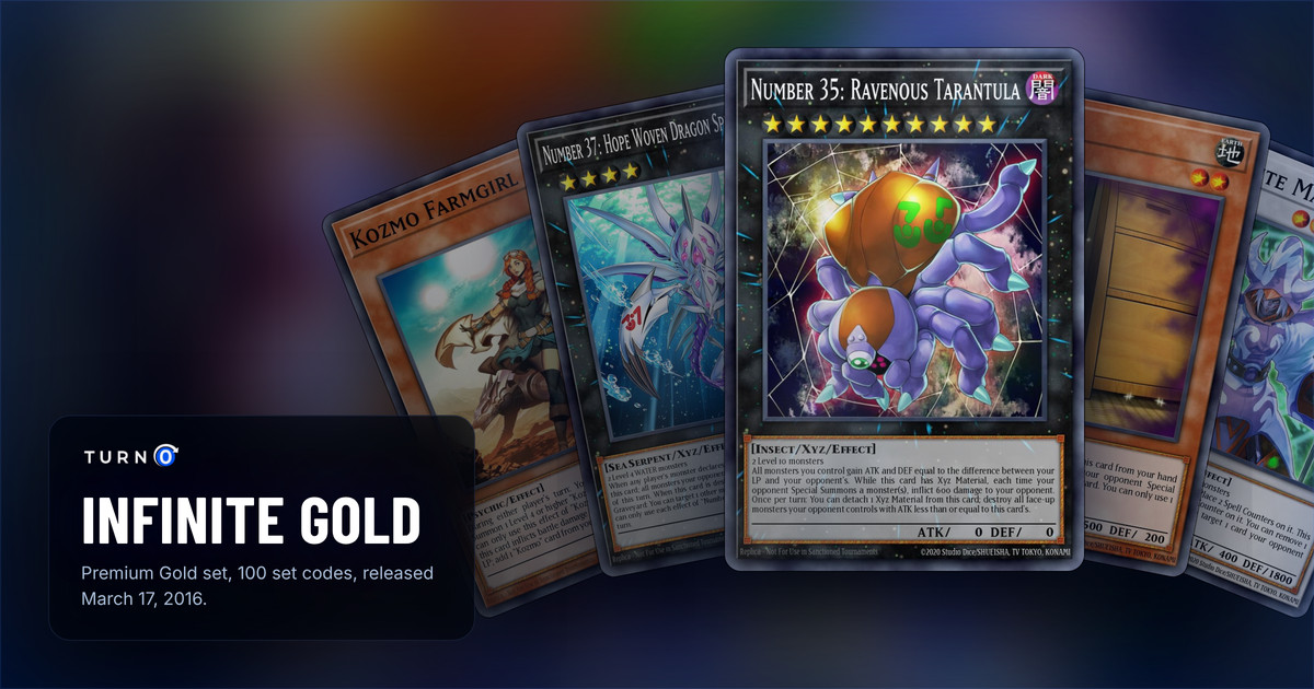 Five of the most valuable Premium Gold: Infinite Gold cards fanned out: Kozmo Farmgirl, Number 37: Hope Woven Dragon Spider Shark, Number 35: Ravenous Tarantula in front, Maxx "C" and Arcanite Magician.