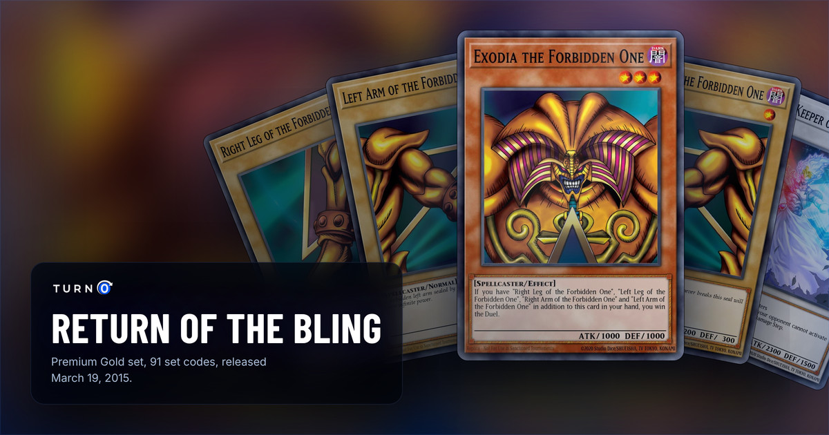 Five of the most valuable Premium Gold: Return of the Bling cards fanned out: Right Leg of the Forbidden One, Left Arm of the Forbidden One, Exodia the Forbidden One in front, Right Arm of the Forbidden One and Armades, Keeper of Boundaries.