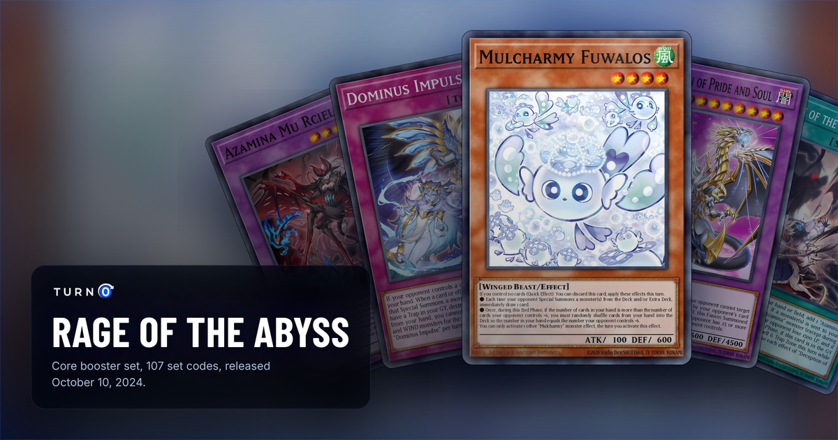 Five of the most valuable Rage of the Abyss cards fanned out: Azamina Mu Rcielago, Dominus Impulse, Mulcharmy Fuwalos in front, Ultimate Dragon of Pride and Soul and Deception of the Sinful Spoils.