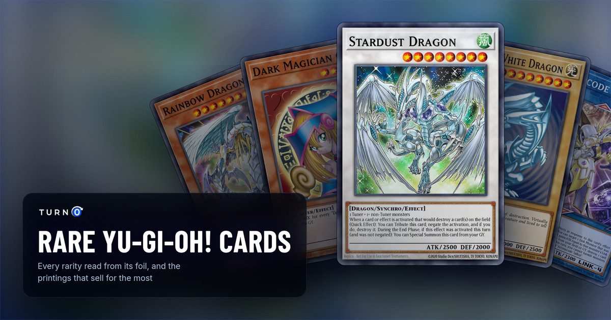 Five Yu-Gi-Oh! cards known for their chase rarities fanned out: Rainbow Dragon, Dark Magician Girl, Stardust Dragon in front, Blue-Eyes White Dragon and Accesscode Talker.