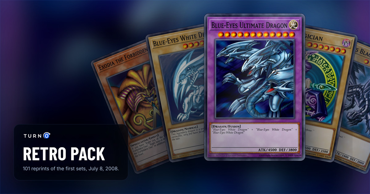Five Retro Pack cards fanned out: Exodia the Forbidden One, Blue-Eyes White Dragon, Blue-Eyes Ultimate Dragon in front, Dark Magician and Red-Eyes Black Dragon.