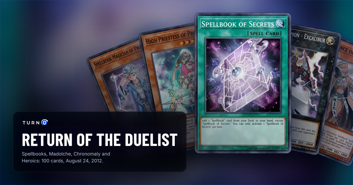 Five of the most valuable Return of the Duelist cards fanned out: Spellbook Magician of Prophecy, High Priestess of Prophecy, Spellbook of Secrets in front, Heroic Champion - Excalibur and Temperance of Prophecy.