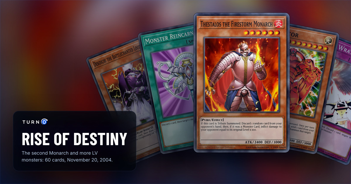 Five of the most valuable Rise of Destiny cards fanned out: Dekoichi the Battlechanted Locomotive, Monster Reincarnation, Thestalos the Firestorm Monarch in front, The Creator and Divine Wrath.
