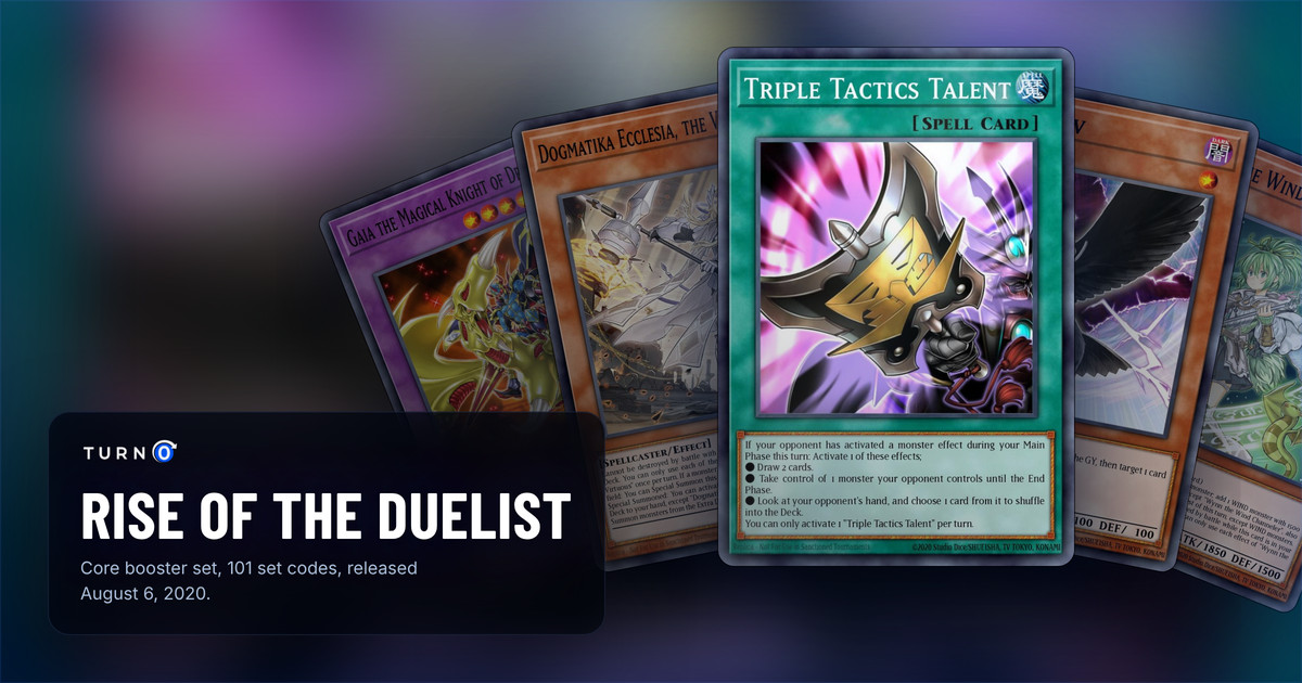 Five of the most valuable Rise of the Duelist cards fanned out: Gaia the Magical Knight of Dragons, Dogmatika Ecclesia, the Virtuous, Triple Tactics Talent in front, D.D. Crow and Wynn the Wind Channeler.