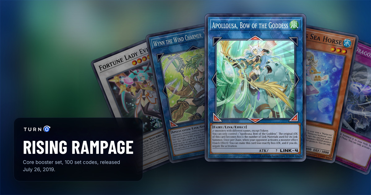 Five of the most valuable Rising Rampage cards fanned out: Fortune Lady Every, Wynn the Wind Charmer, Verdant, Apollousa, Bow of the Goddess in front, Marincess Sea Horse and Storm Dragon's Return.