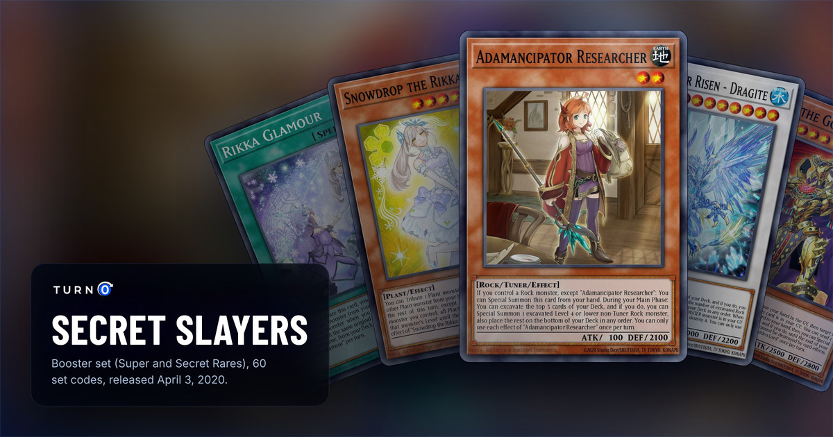 Five of the most valuable Secret Slayers cards fanned out: Rikka Glamour, Snowdrop the Rikka Fairy, Adamancipator Researcher in front, Adamancipator Risen - Dragite and Eldlich the Golden Lord.
