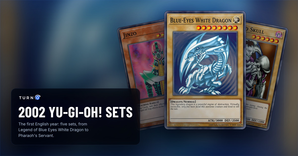 The chase cards of three 2002 Yu-Gi-Oh! sets fanned out: Jinzo, Blue-Eyes White Dragon in front and Summoned Skull.