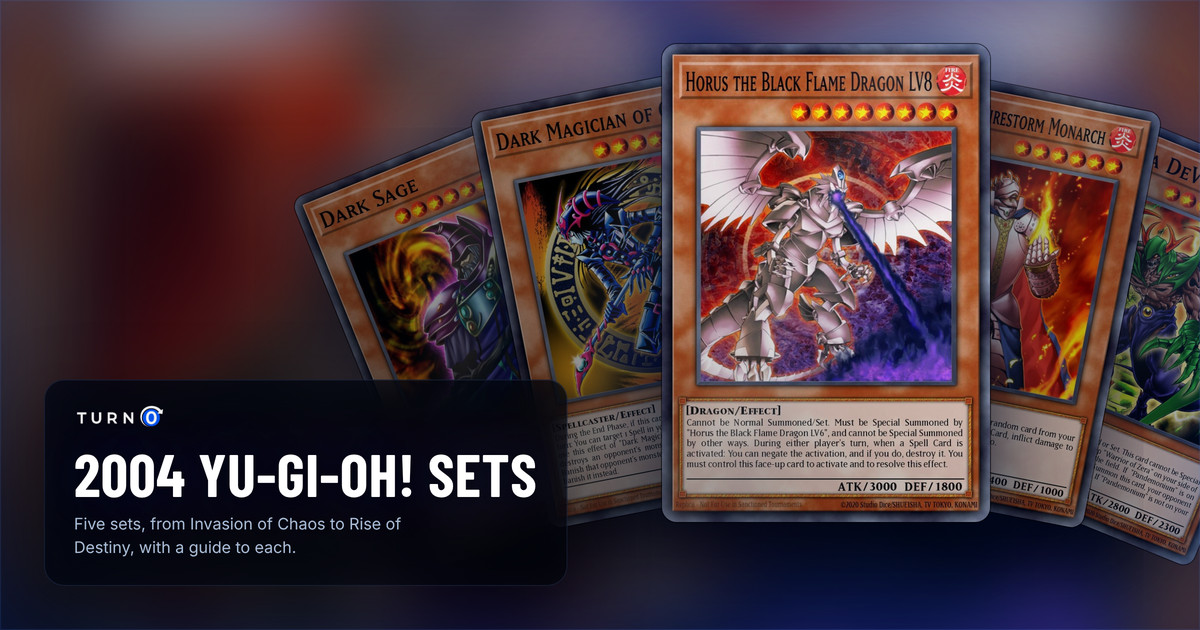 The chase cards of five 2004 Yu-Gi-Oh! sets fanned out: Dark Sage, Dark Magician of Chaos, Horus the Black Flame Dragon LV8 in front, Thestalos the Firestorm Monarch and Mazera DeVille.