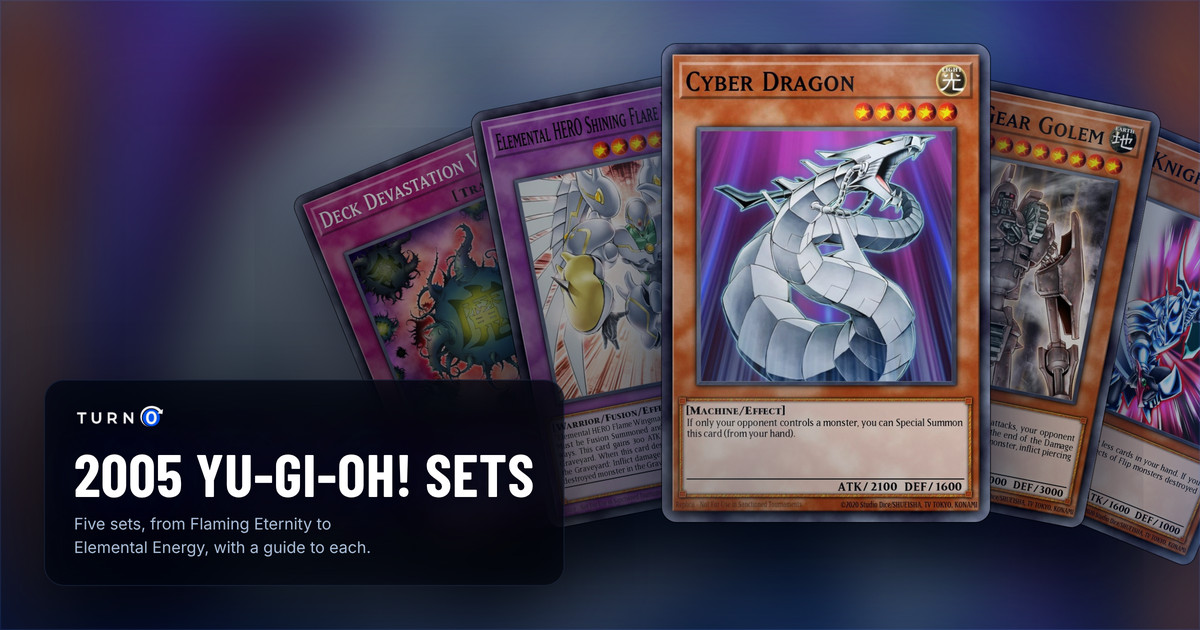 The chase cards of five 2005 Yu-Gi-Oh! sets fanned out: Deck Devastation Virus, Elemental HERO Shining Flare Wingman, Cyber Dragon in front, Ancient Gear Golem and Blade Knight.