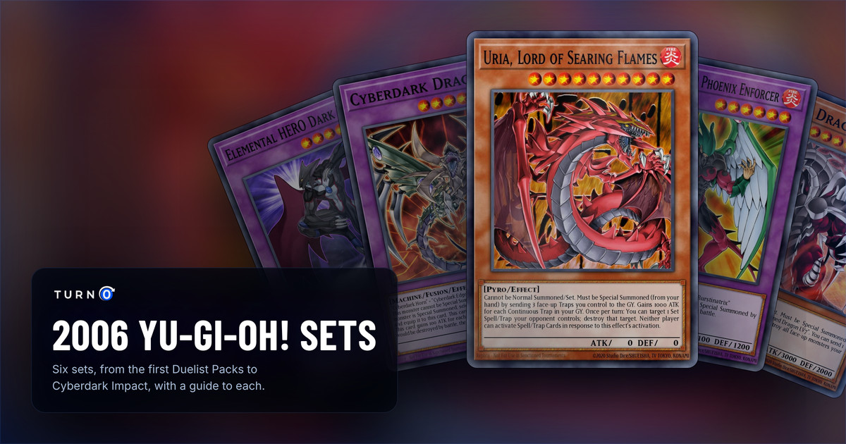 The chase cards of five 2006 Yu-Gi-Oh! sets fanned out: Elemental HERO Dark Neos, Cyberdark Dragon, Uria, Lord of Searing Flames in front, Elemental HERO Phoenix Enforcer and Armed Dragon LV10.