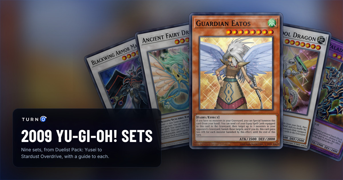 The chase cards of five 2009 Yu-Gi-Oh! sets fanned out: Blackwing Armor Master, Ancient Fairy Dragon, Guardian Eatos in front, Power Tool Dragon and Dark Paladin.
