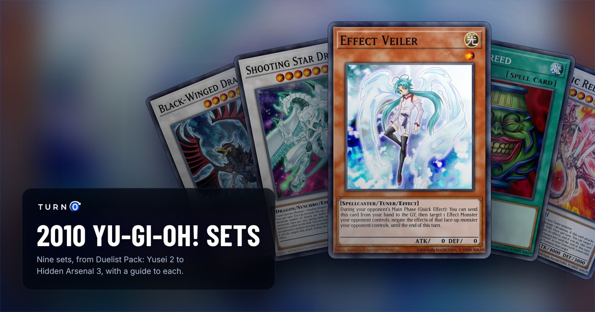 The chase cards of five 2010 Yu-Gi-Oh! sets fanned out: Black-Winged Dragon, Shooting Star Dragon, Effect Veiler in front, Pot of Greed and Majestic Red Dragon.