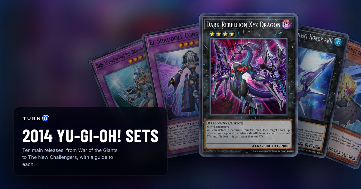 The chase cards of five 2014 Yu-Gi-Oh! sets fanned out: Dark Magician Girl the Dragon Knight, El Shaddoll Construct, Dark Rebellion Xyz Dragon in front, Number 101: Silent Honor ARK and Blackwing - Kalut the Moon Shadow.