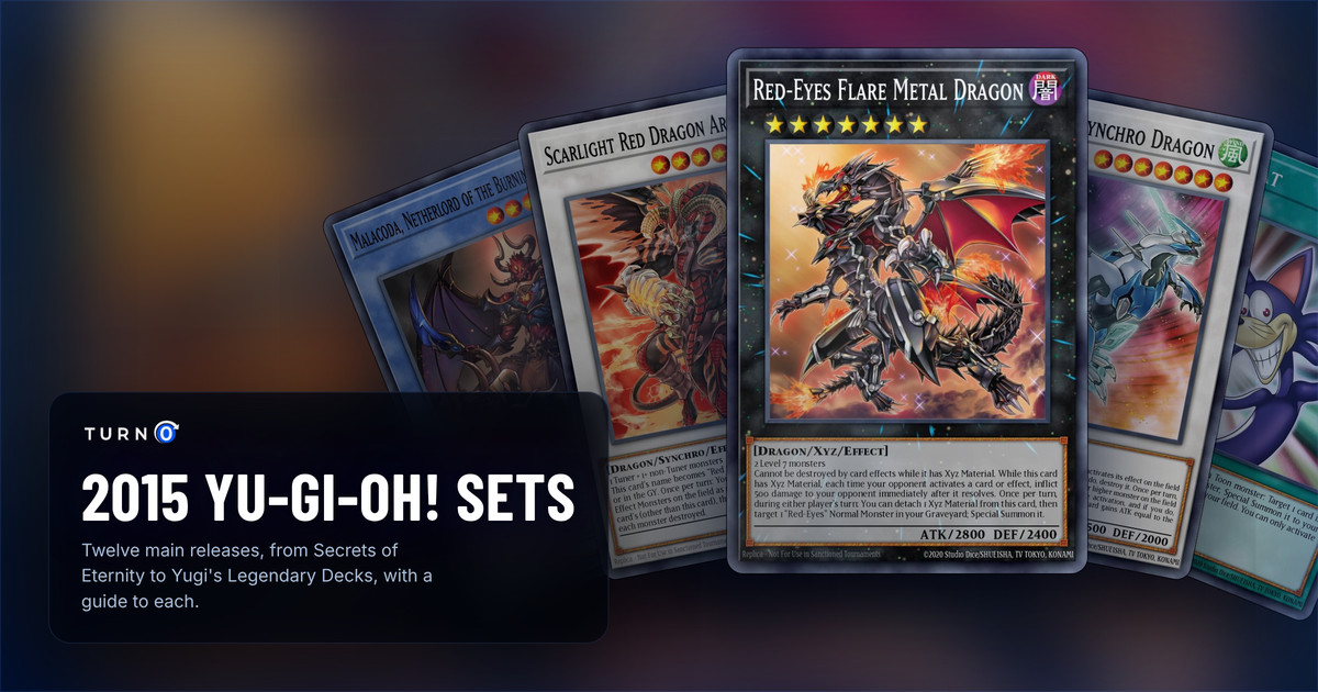 The chase cards of five 2015 Yu-Gi-Oh! sets fanned out: Malacoda, Netherlord of the Burning Abyss, Scarlight Red Dragon Archfiend, Red-Eyes Flare Metal Dragon in front, Clear Wing Synchro Dragon and Mimicat.