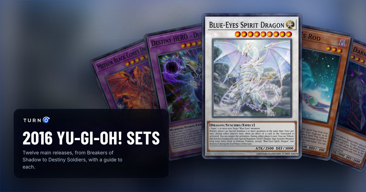 The chase cards of five 2016 Yu-Gi-Oh! sets fanned out: Meteor Black Comet Dragon, Destiny HERO - Dystopia, Blue-Eyes Spirit Dragon in front, Magician's Rod and Kozmo Dark Eclipser.