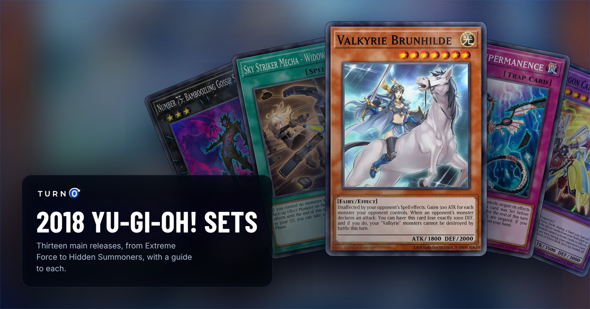 The chase cards of five 2018 Yu-Gi-Oh! sets fanned out: Number 75: Bamboozling Gossip Shadow, Sky Striker Mecha - Widow Anchor, Valkyrie Brunhilde in front, Infinite Impermanence and Armed Dragon Catapult Cannon.