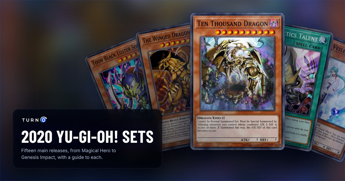 The chase cards of five 2020 Yu-Gi-Oh! sets fanned out: Toon Black Luster Soldier, The Winged Dragon of Ra, Ten Thousand Dragon in front, Triple Tactics Talent and Effect Veiler.