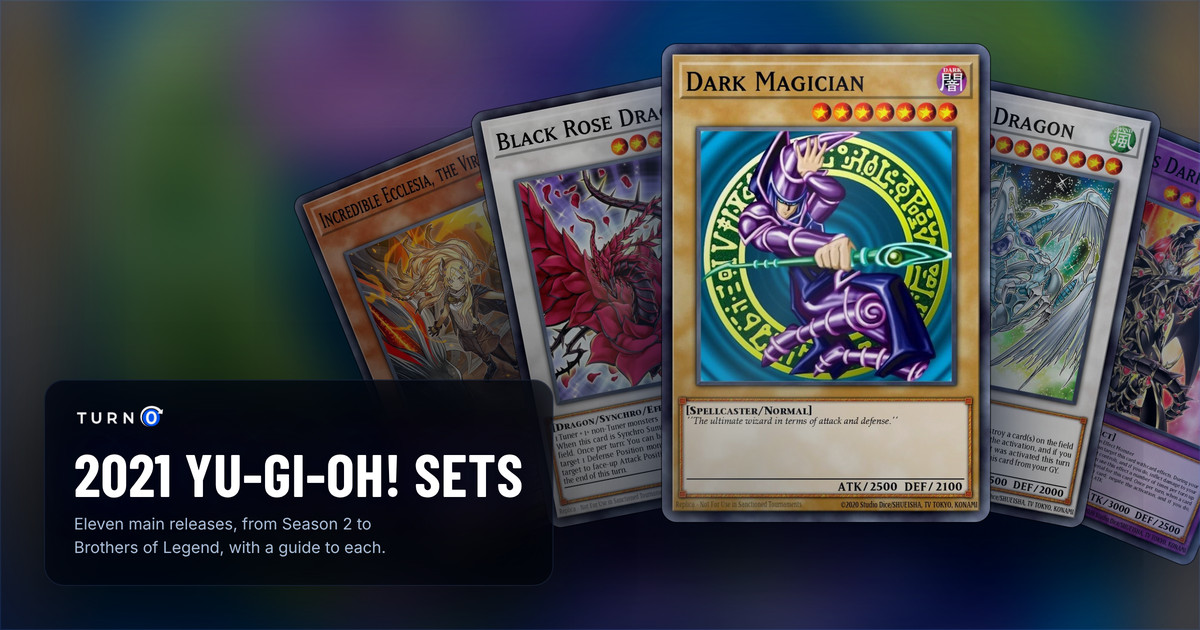 The chase cards of five 2021 Yu-Gi-Oh! sets fanned out: Incredible Ecclesia, the Virtuous, Black Rose Dragon, Dark Magician in front, Stardust Dragon and Red-Eyes Dark Dragoon.
