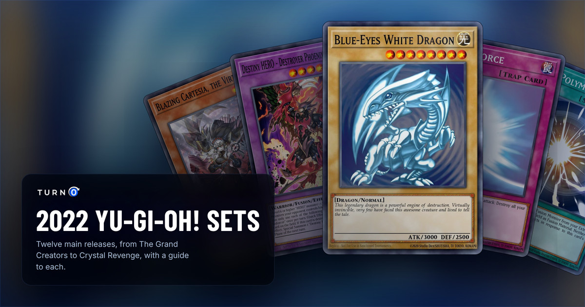 The chase cards of five 2022 Yu-Gi-Oh! sets fanned out: Blazing Cartesia, the Virtuous, Destiny HERO - Destroyer Phoenix Enforcer, Blue-Eyes White Dragon in front, Mirror Force and Super Polymerization.