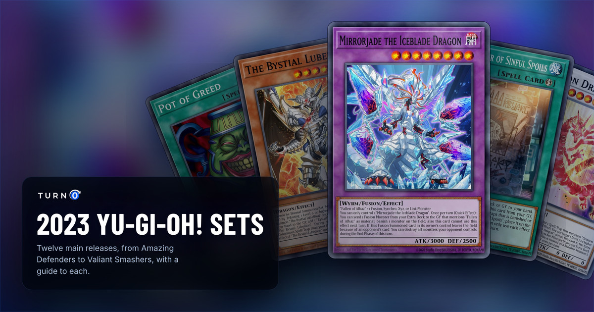 The chase cards of five 2023 Yu-Gi-Oh! sets fanned out: Pot of Greed, The Bystial Lubellion, Mirrorjade the Iceblade Dragon in front, WANTED: Seeker of Sinful Spoils and Crimson Dragon.