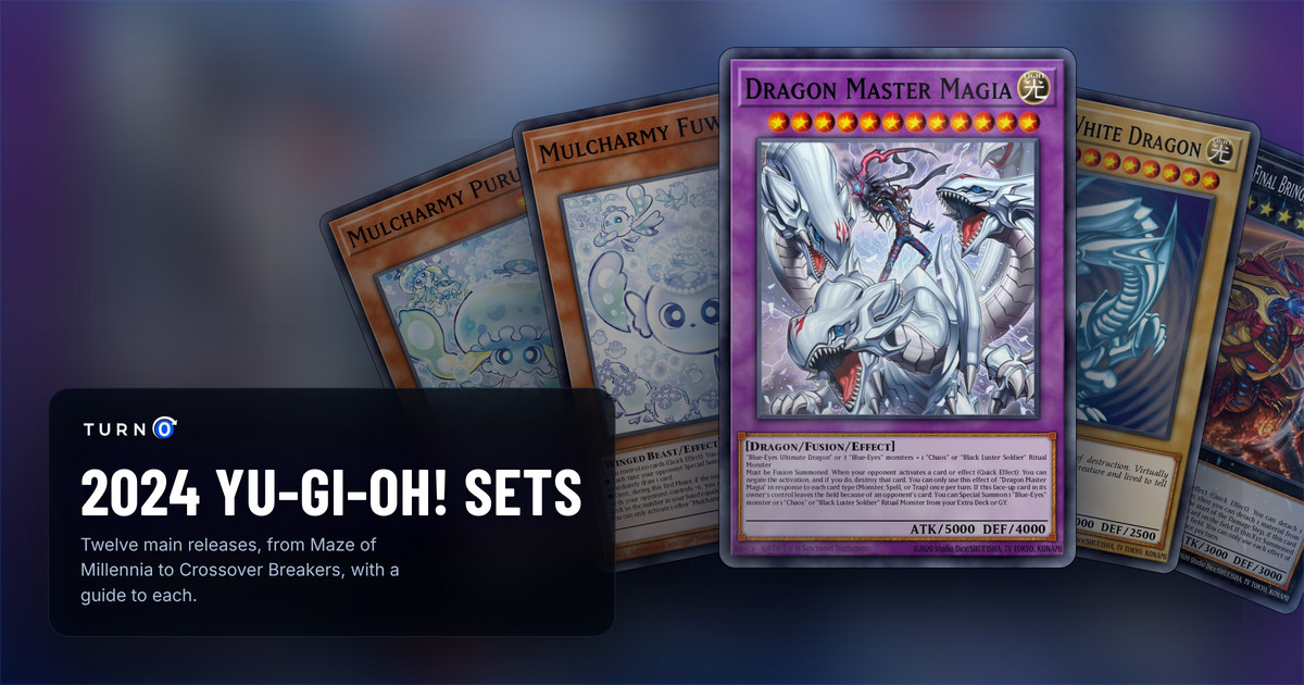 The chase cards of five 2024 Yu-Gi-Oh! sets fanned out: Mulcharmy Purulia, Mulcharmy Fuwalos, Dragon Master Magia in front, Blue-Eyes White Dragon and Varudras, the Final Bringer of the End Times.