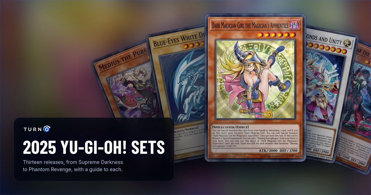 The chase cards of five 2025 Yu-Gi-Oh! sets fanned out: Medius the Pure, Blue-Eyes White Dragon, Dark Magician Girl the Magician's Apprentice in front, Paladins of Bonds and Unity and Diabellstar the Black Witch.