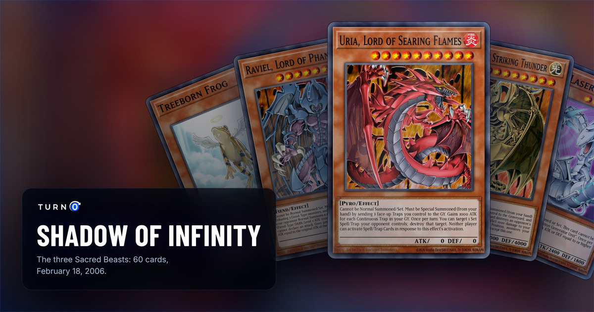 Five of the most valuable Shadow of Infinity cards fanned out: Treeborn Frog, Raviel, Lord of Phantasms, Uria, Lord of Searing Flames in front, Hamon, Lord of Striking Thunder and Cyber Laser Dragon.