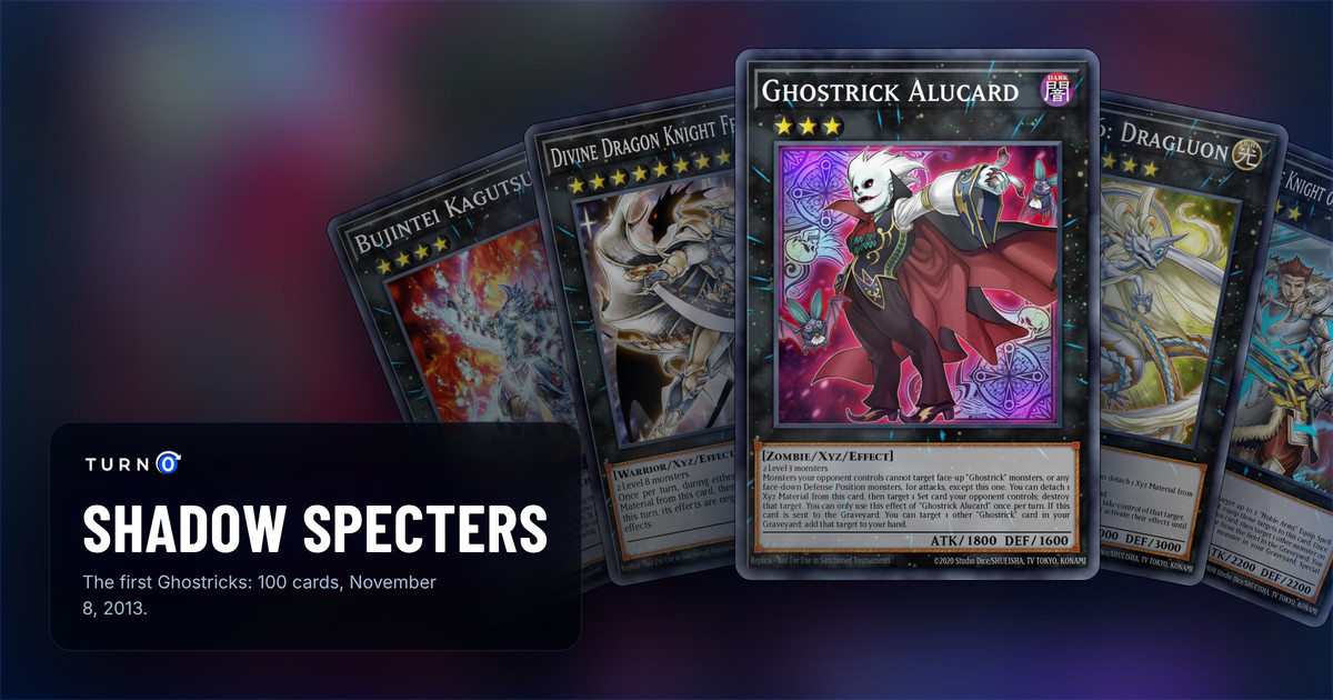 Five of the most valuable Shadow Specters cards fanned out: Bujintei Kagutsuchi, Divine Dragon Knight Felgrand, Ghostrick Alucard in front, Number 46: Dragluon and Sacred Noble Knight of King Artorigus.
