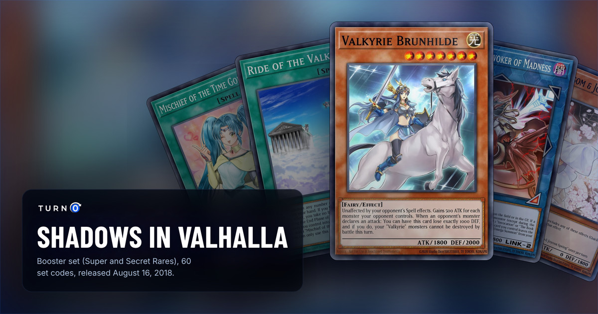 Five of the most valuable Shadows in Valhalla cards fanned out: Mischief of the Time Goddess, Ride of the Valkyries, Valkyrie Brunhilde in front, Aleister the Invoker of Madness and Ash Blossom & Joyous Spring.