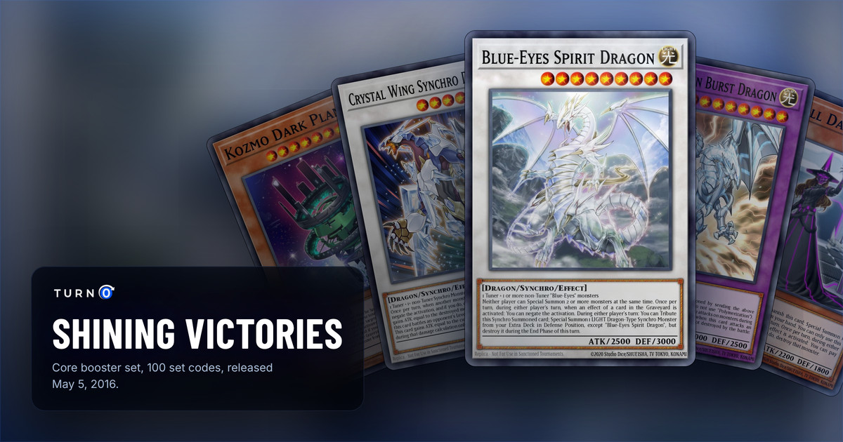 Five of the most valuable Shining Victories cards fanned out: Kozmo Dark Planet, Crystal Wing Synchro Dragon, Blue-Eyes Spirit Dragon in front, Blue-Eyes Twin Burst Dragon and Kozmoll Dark Lady.