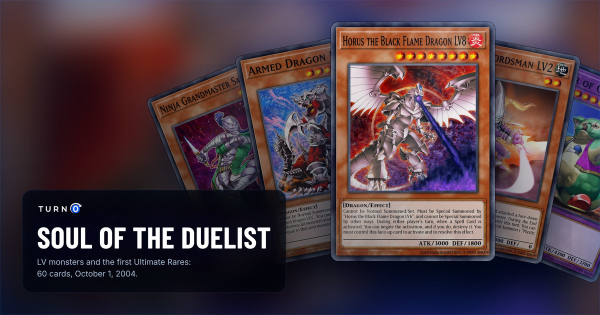 Five of the most valuable Soul of the Duelist cards fanned out: Ninja Grandmaster Sasuke, Armed Dragon LV7, Horus the Black Flame Dragon LV8 in front, Mystic Swordsman LV2 and Master of Oz.