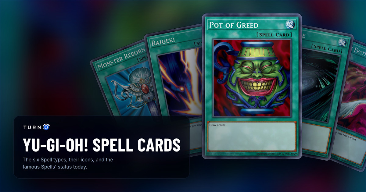 Five classic Yu-Gi-Oh! Spell Cards fanned out: Monster Reborn, Raigeki, Pot of Greed in front, Dark Hole and Harpie's Feather Duster.