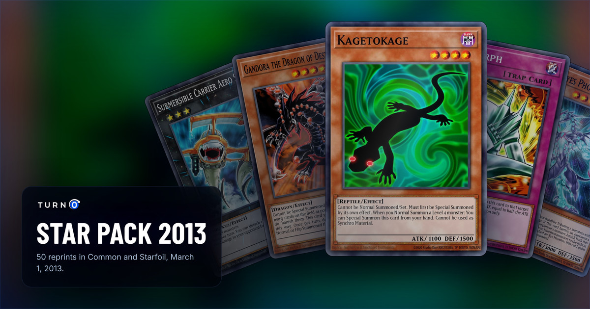 Five of the most valuable Star Pack 2013 cards fanned out: Submersible Carrier Aero Shark, Gandora the Dragon of Destruction, Kagetokage in front, Metalmorph and Galaxy-Eyes Photon Dragon.
