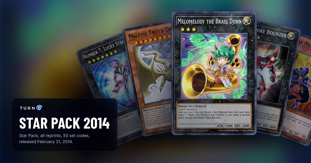 Five of the most valuable Star Pack 2014 cards fanned out: Number 7: Lucky Straight, Malefic Truth Dragon, Melomelody the Brass Djinn in front, Photon Strike Bounzer and Magical Merchant.