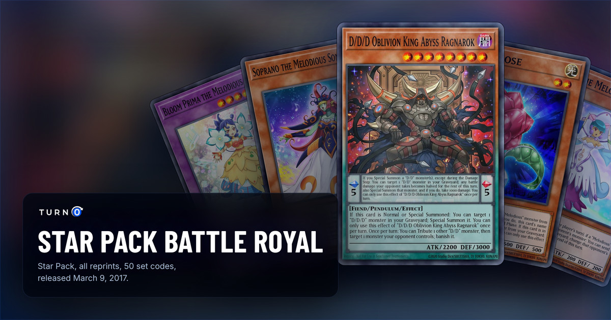 Five of the most valuable Star Pack Battle Royal cards fanned out: Bloom Prima the Melodious Choir, Soprano the Melodious Songstress, D/D/D Oblivion King Abyss Ragnarok in front, Crystal Rose and Score the Melodious Diva.
